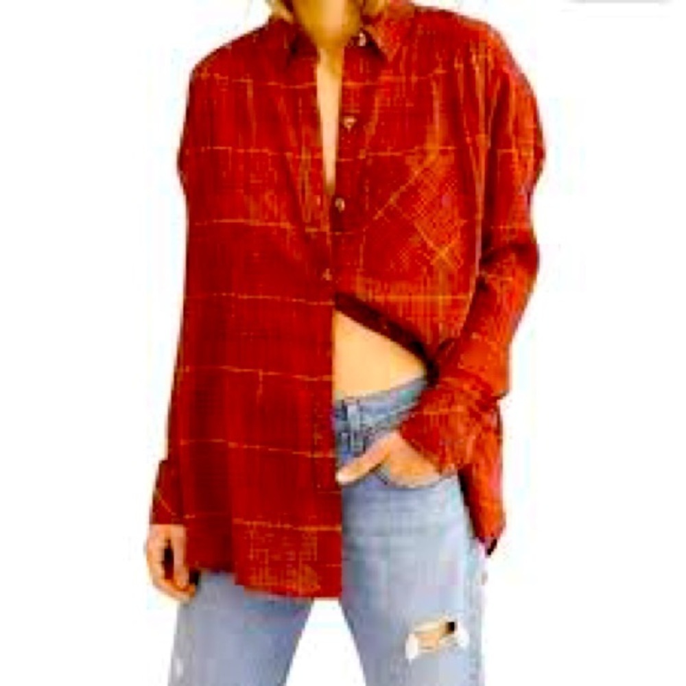 Free People Break my Stride in red/sherry-Plaid Oversized Button-down XS